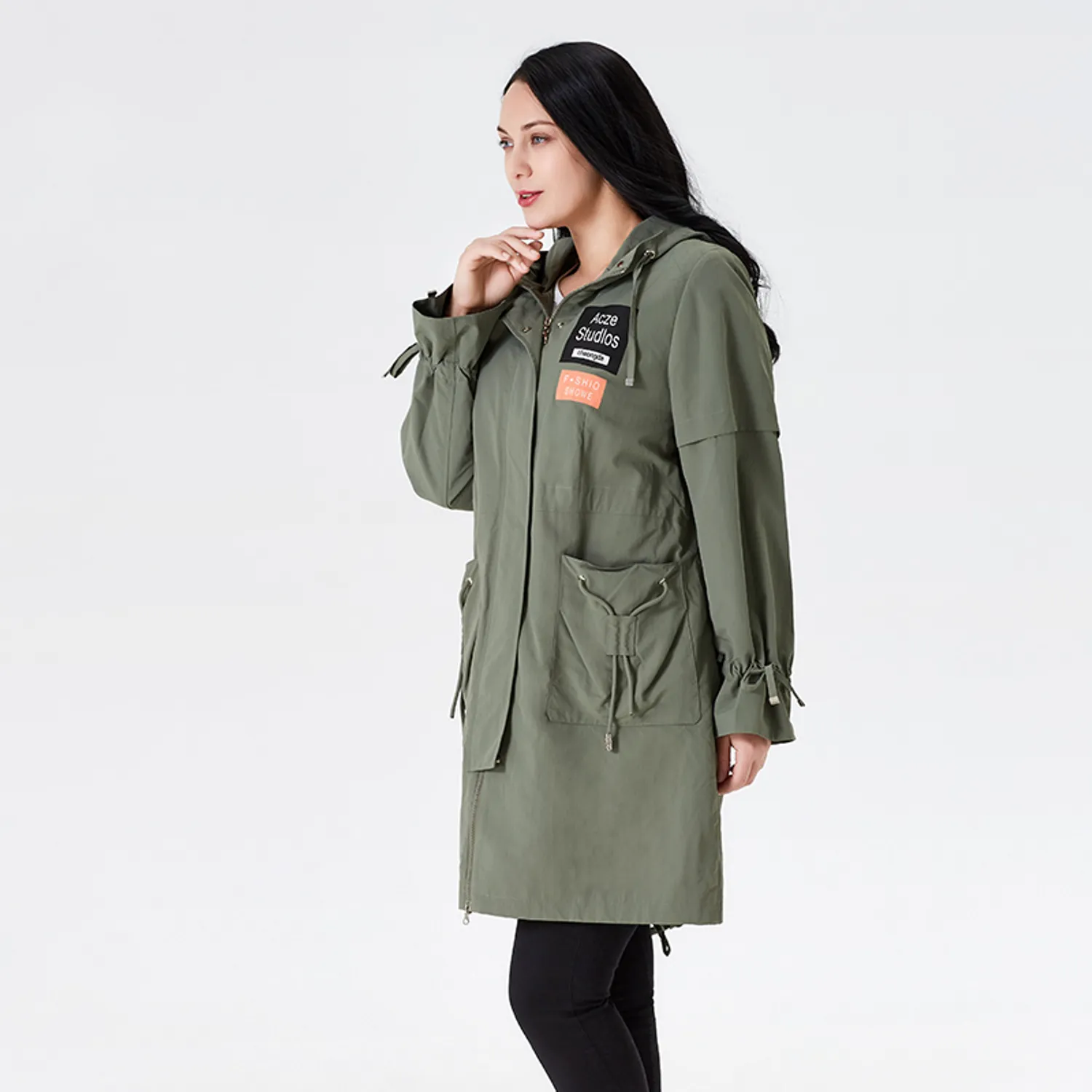Women's Spring Hooded Solid Trench | Plus Size