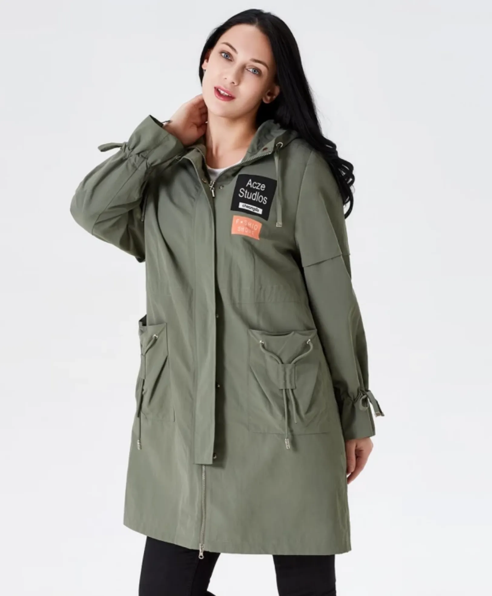 Women's Spring Hooded Solid Trench | Plus Size