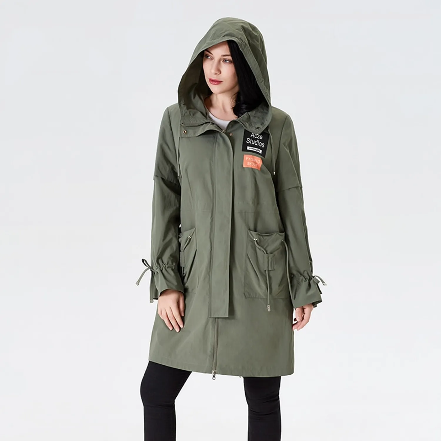 Women's Spring Hooded Solid Trench | Plus Size