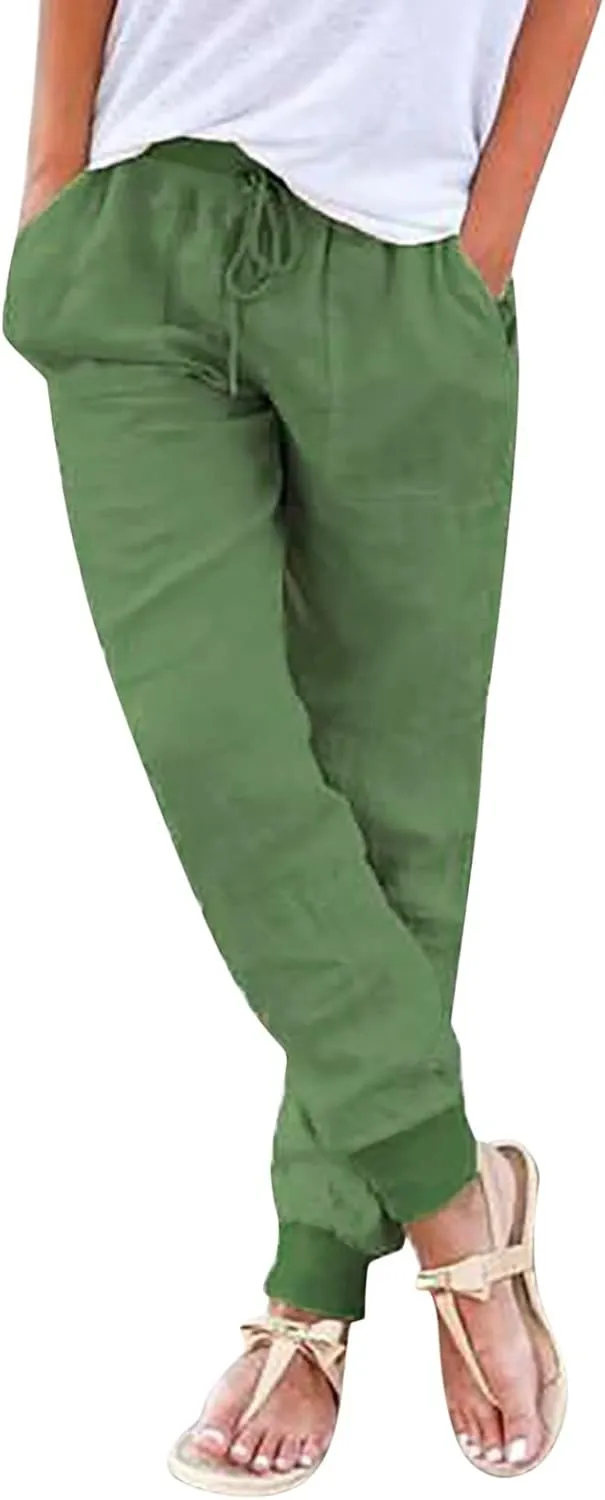 Womens Summer Linen Pants Casual Long Trousers Drawstring Elastic Waist Lounge Pants Comfy Sweatpants Joggers Pockets