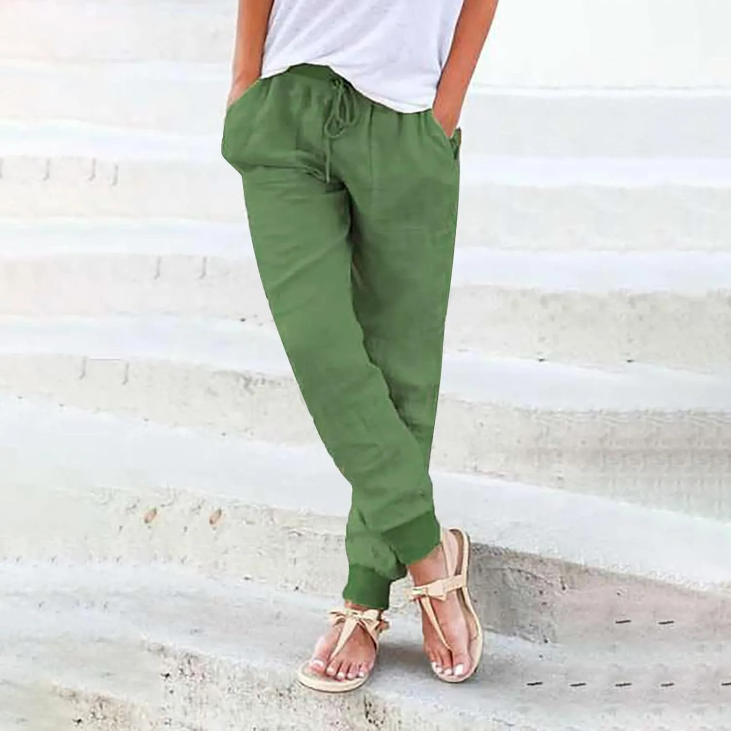 Womens Summer Linen Pants Casual Long Trousers Drawstring Elastic Waist Lounge Pants Comfy Sweatpants Joggers Pockets