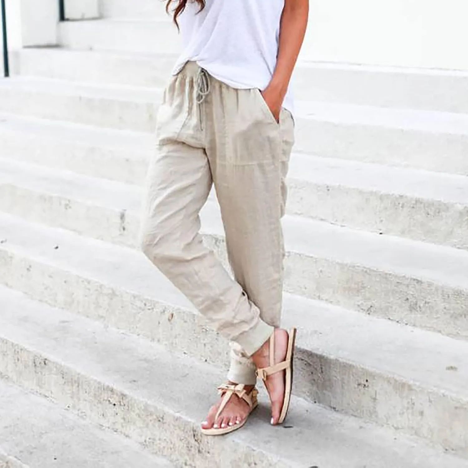 Womens Tapered Pants Cotton Linen Drawstring Back Elastic Waist Pants Casual Trousers Plus Size Joggers with Pockets