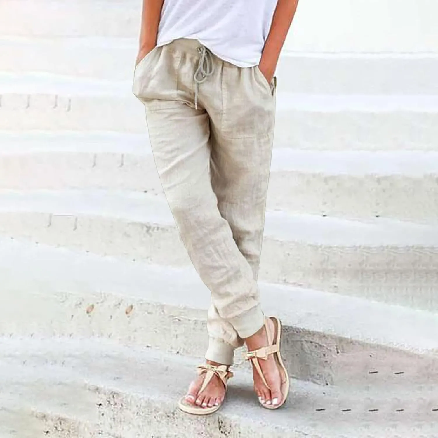 Womens Tapered Pants Cotton Linen Drawstring Back Elastic Waist Pants Casual Trousers Plus Size Joggers with Pockets