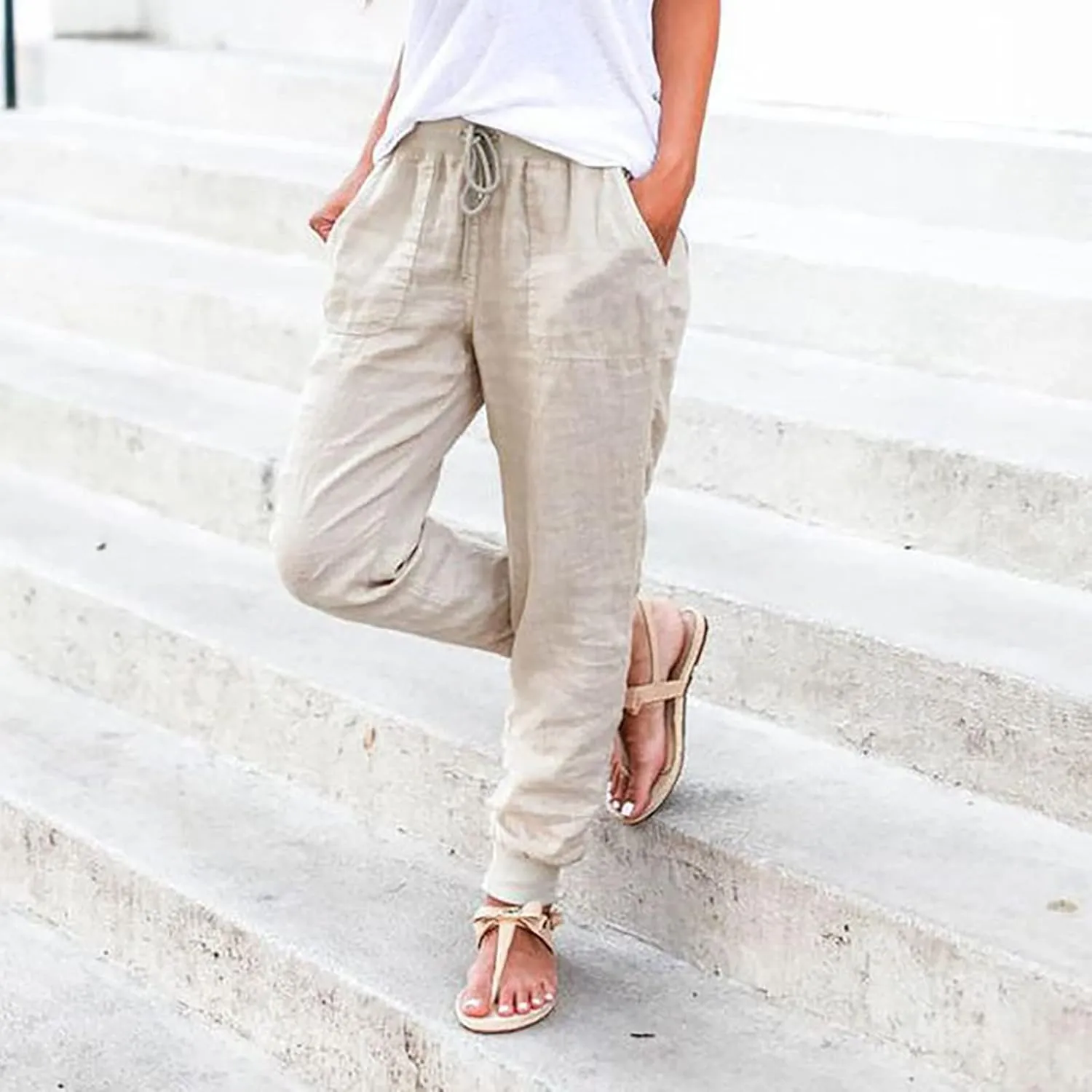 Womens Tapered Pants Cotton Linen Drawstring Back Elastic Waist Pants Casual Trousers Plus Size Joggers with Pockets