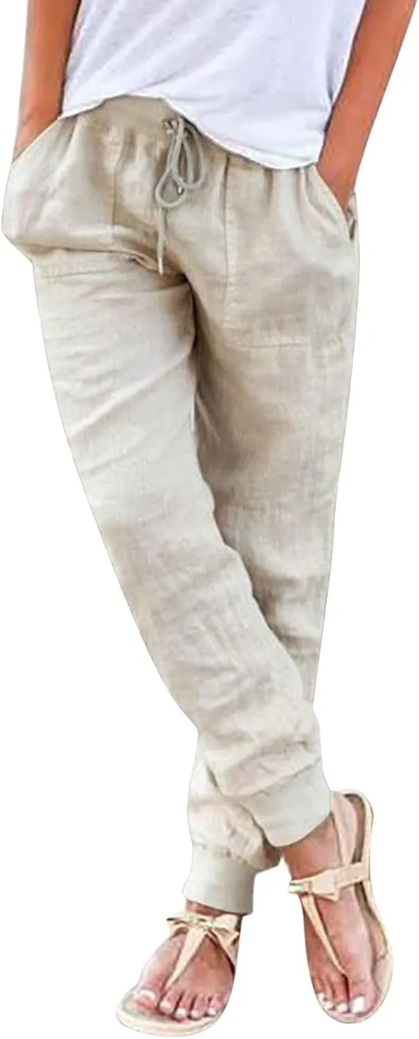 Womens Tapered Pants Cotton Linen Drawstring Back Elastic Waist Pants Casual Trousers Plus Size Joggers with Pockets