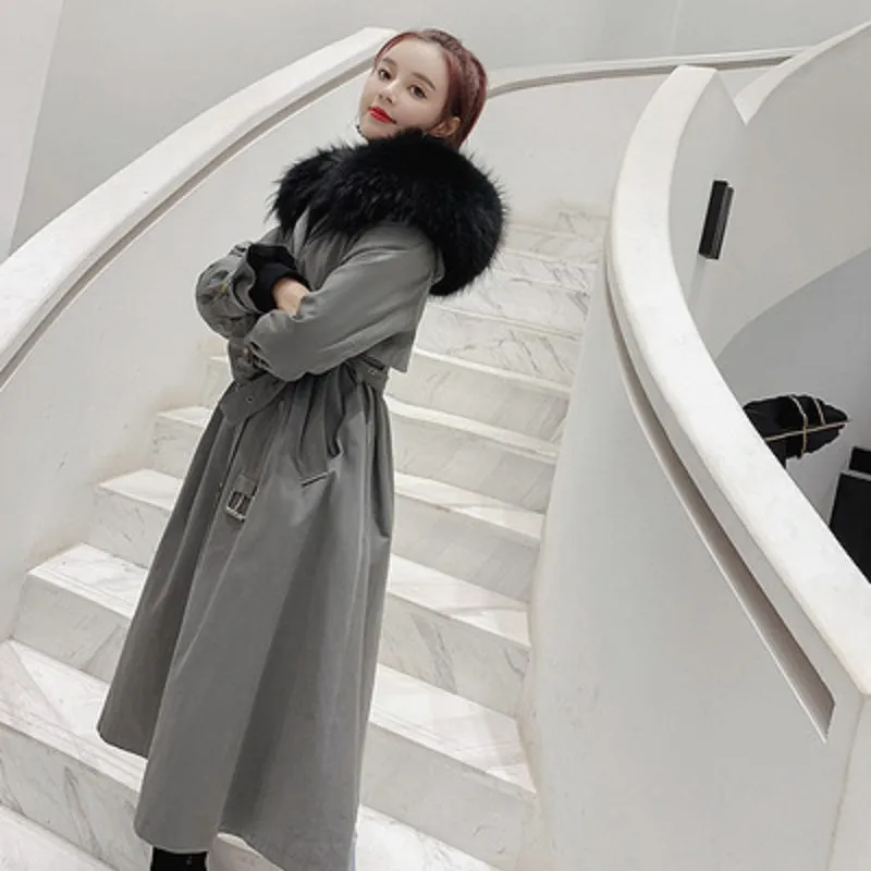Women's Winter Casual Long Slim Trench With Raccoon Fur