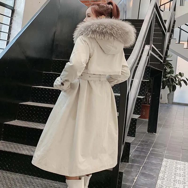 Women's Winter Casual Long Slim Trench With Raccoon Fur