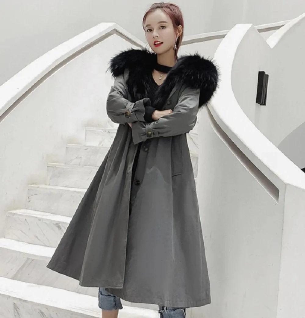 Women's Winter Casual Long Slim Trench With Raccoon Fur
