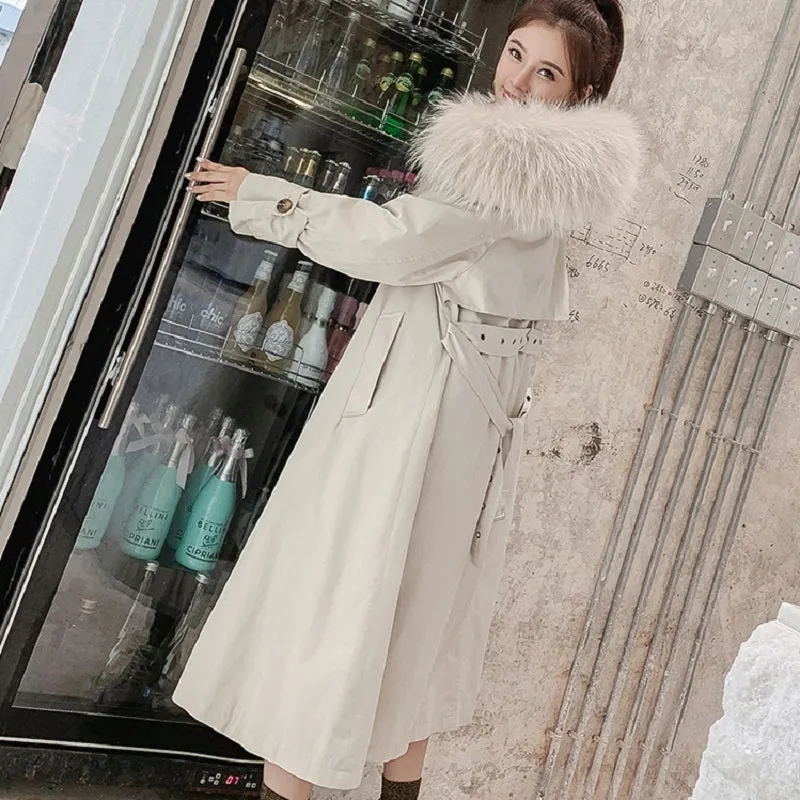 Women's Winter Casual Long Slim Trench With Raccoon Fur