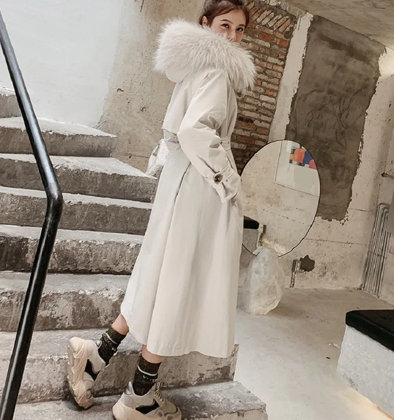 Women's Winter Casual Long Slim Trench With Raccoon Fur