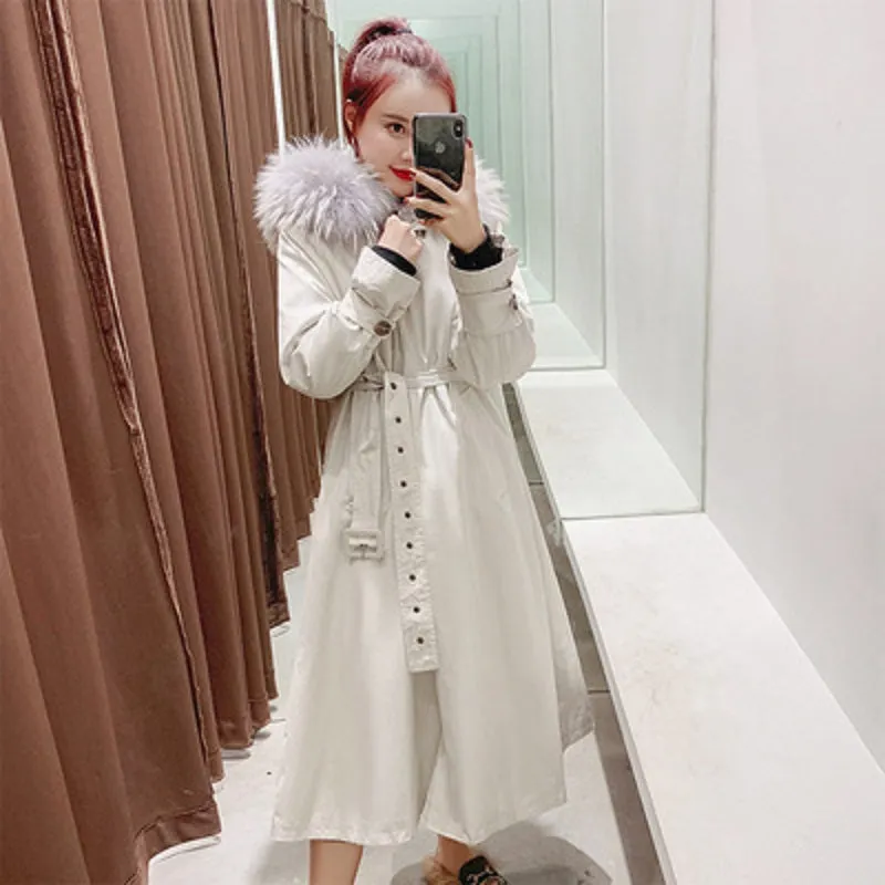 Women's Winter Casual Long Slim Trench With Raccoon Fur