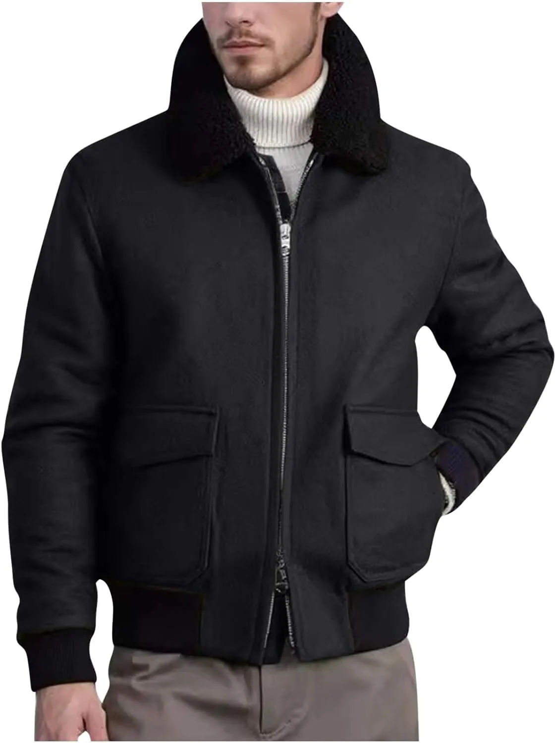 Xiaojmake Men's Shearling Bomber Jacket with Faux Fur Collar Winter Fleece Lined Flight Jacket Cotton Cargo Trucker Jackets