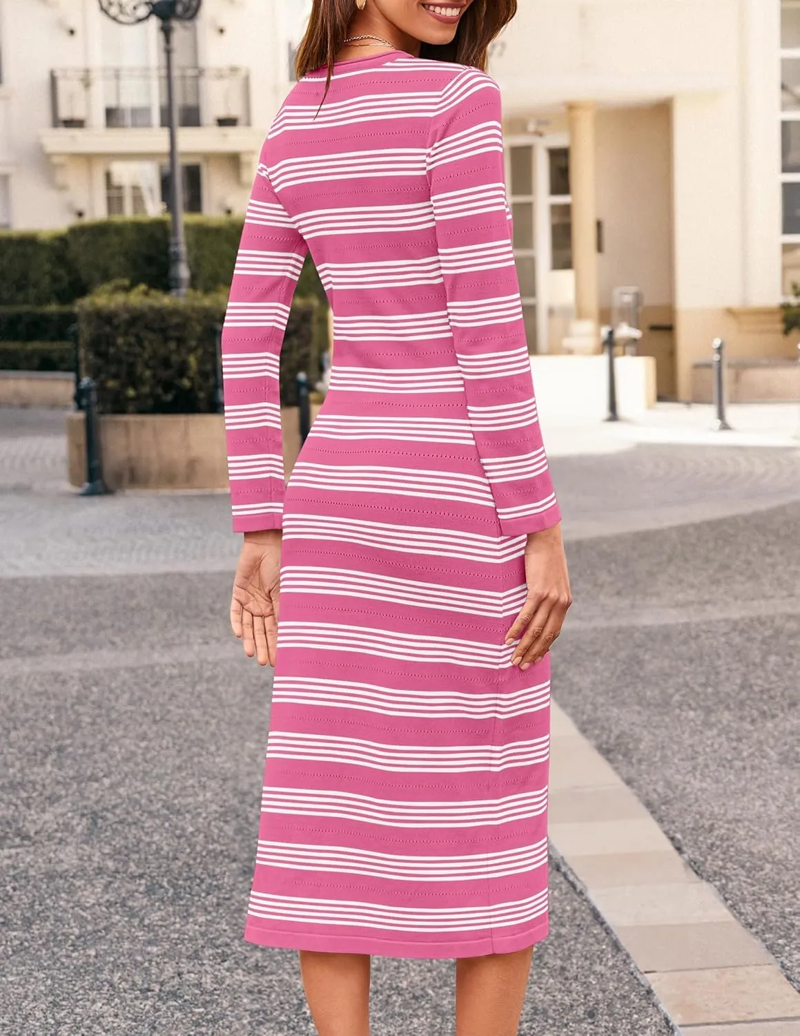 ZESICA Women's Fall Long Sleeve Striped Knit Midi Dresses Crewneck Side Slit Bodycon Sweater Dress